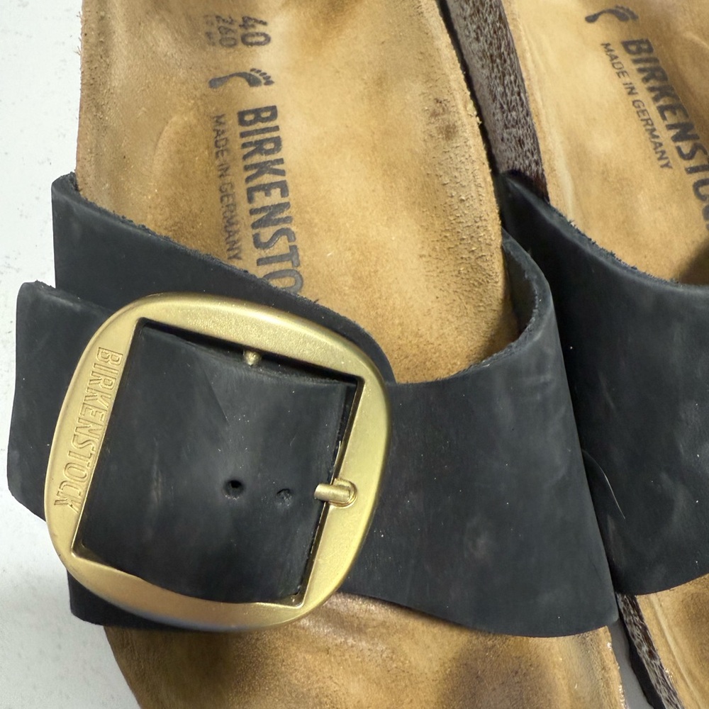 Birkenstock Black Suede Sandals with Large Gold Buckle Size 40 - Picture 2 of 4